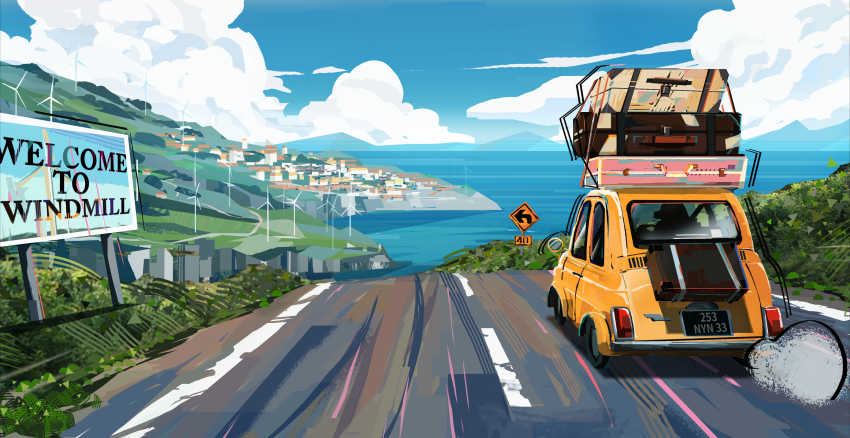 absurdres blue_sky car city cloud fiat fiat_500 haru_akira highres house landscape motor_vehicle no_humans ocean original road scenery sign sky street vehicle_focus