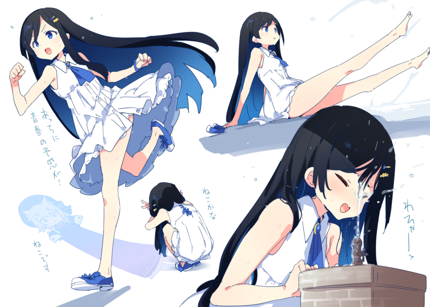 1girl ascot barefoot black_hair blue_ascot blue_brooch blue_eyes blue_hair blue_shoes brooch cat_shadow_puppet_(meme) cevio closed_eyes collared_dress colored_inner_hair commentary_request dress drinking_fountain futaba_minato hair_ornament hairclip jewelry layered_dress long_hair meme multicolored_hair multiple_views petenshi_(dr._vermilion) petticoat running scrunchie shoes sleeveless sleeveless_dress sneakers splashing squatting very_long_hair wet_face white_dress wrist_scrunchie