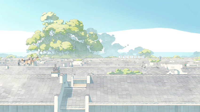 1girl akitsu_taira bird blonde_hair blue_bird_(akitsu_taira) blue_sky day fantasy highres izumi_luna_(akitsu_taira) long_hair original outdoors rooftop scenery sky solo tiger toranyun_(akitsu_taira) translation_request tree