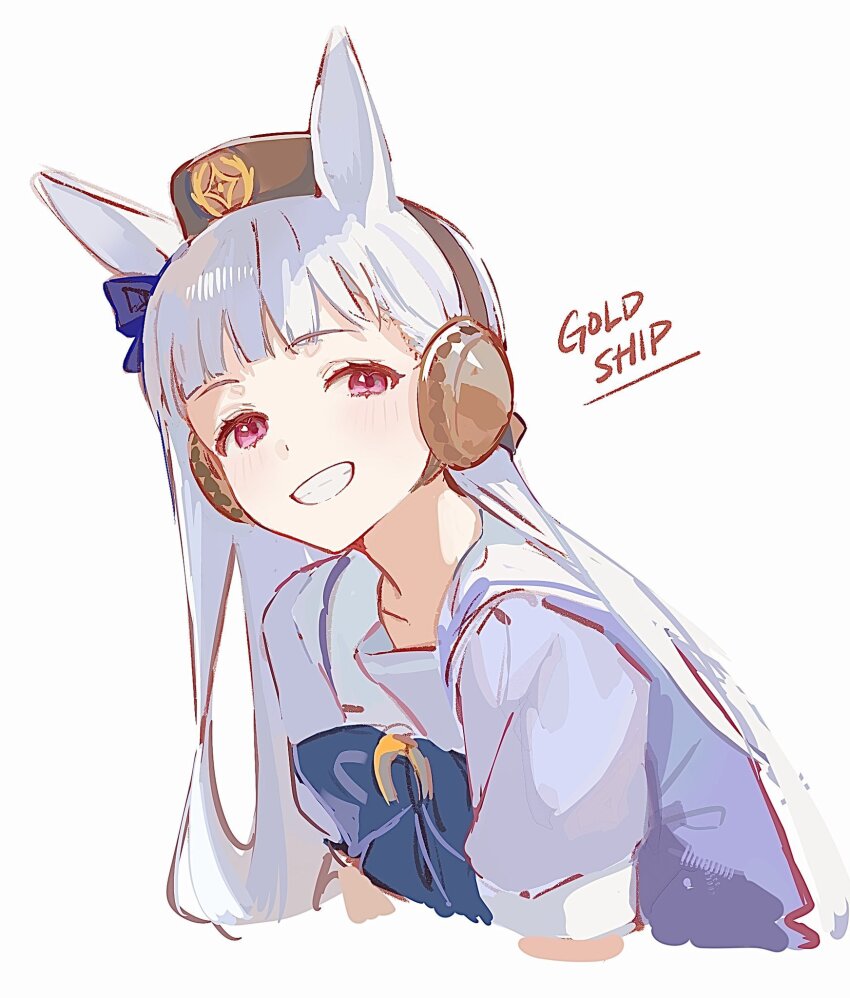 1girl animal_ears blunt_bangs bow brown_hat character_name cropped_torso ear_bow ear_covers ear_ornament ear_ribbon gold_ship_(umamusume) grin hat highres horse_ears horse_girl horseshoe_ornament long_hair pillbox_hat pink_eyes purple_bow sailor_collar sailor_shirt school_uniform shirt smile solo soybean_(hisoybean) tracen_school_uniform umamusume white_background white_hair