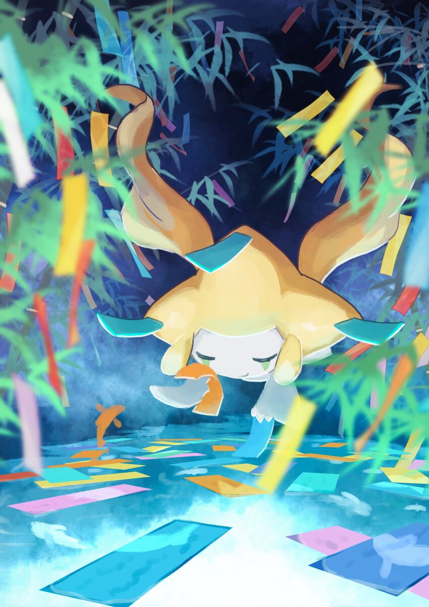 absurdres closed_eyes closed_mouth colored_skin commentary floating gen_3_pokemon hatoro_kuroyoshi highres holding holding_tanzaku jirachi legendary_pokemon mythical_pokemon night nintendo no_humans plant pokemon pokemon_(creature) solo tanabata tanzaku white_skin