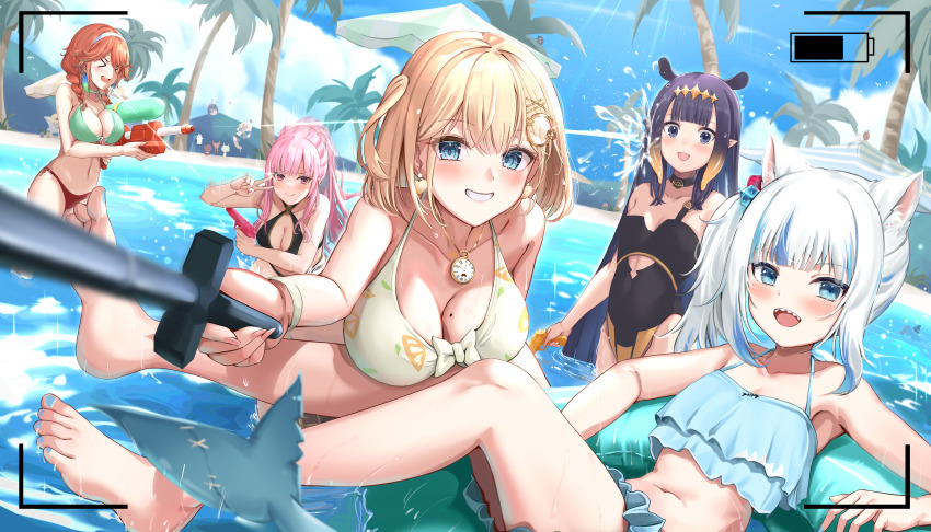 &gt;_&lt; 6+girls :d :o absurdres animal_ears ball barefoot battery_indicator beach beachball bikini black_bikini black_choker black_one-piece_swimsuit blonde_hair blue_bikini blue_eyes blue_nails blue_sky blush boomei_(nanashi_mumei) braid breasts cat_ears ceres_fauna chibi choker clock cloud collarbone commentary day death-sensei_(mori_calliope) disembodied_head dodging dollrys_(irys) ducking earrings english_commentary feather_earrings feathers feet fins fish_tail gawr_gura giraffe_fauna grin hair_ornament hairband hakos_baelz hakos_baelz_(rat) halloween_baelz heart heart_earrings highres holding holocouncil hololive hololive_english holomyth innertube irys_(hololive) jewelry kuutamo large_breasts medium_breasts mismatched_bikini mole mole_on_breast mori_calliope multiple_girls nail_polish nanashi_mumei navel ninomae_ina&#039;nis one-piece_swimsuit one_side_up open_mouth orange_eyes ouro_kronii outdoors palm_tree pink_eyes pink_hair pointy_ears ponytail propeller purple_hair sana_worm_(tsukumo_sana) selfie_stick shark_girl shark_tail side_ponytail sky small_breasts smile smol_ame splashing stomach summer sunlight swim_ring swimsuit tail takanashi_kiara takanashi_kiara_(casual) tentacle_hair toenail_polish toenails toes tree tsukumo_sana twin_braids v viewfinder virtual_youtuber water water_gun watson_amelia wet white_hair white_hairband yatagarasu_(tsukumo_sana) yukkronii_(ouro_kronii)