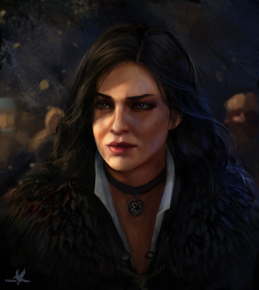 1girl black_choker black_hair blurry blurry_background choker depth_of_field highres long_hair masha_borisova pendant_choker portrait purple_eyes solo_focus the_witcher_(series) the_witcher_3 yennefer_of_vengerberg