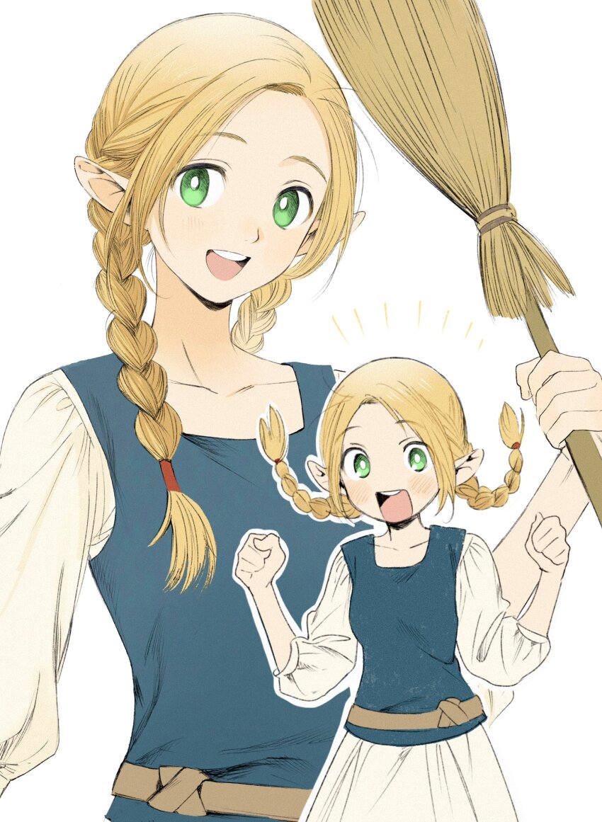 1girl :d belt blonde_hair braid breasts broom brown_belt commentary_request curtained_hair dress dungeon_meshi elf excited frs2 green_eyes highres holding holding_broom korean_commentary light_blush marcille_donato open_mouth pointy_ears puffy_sleeves small_breasts smile twin_braids upper_body white_background white_dress