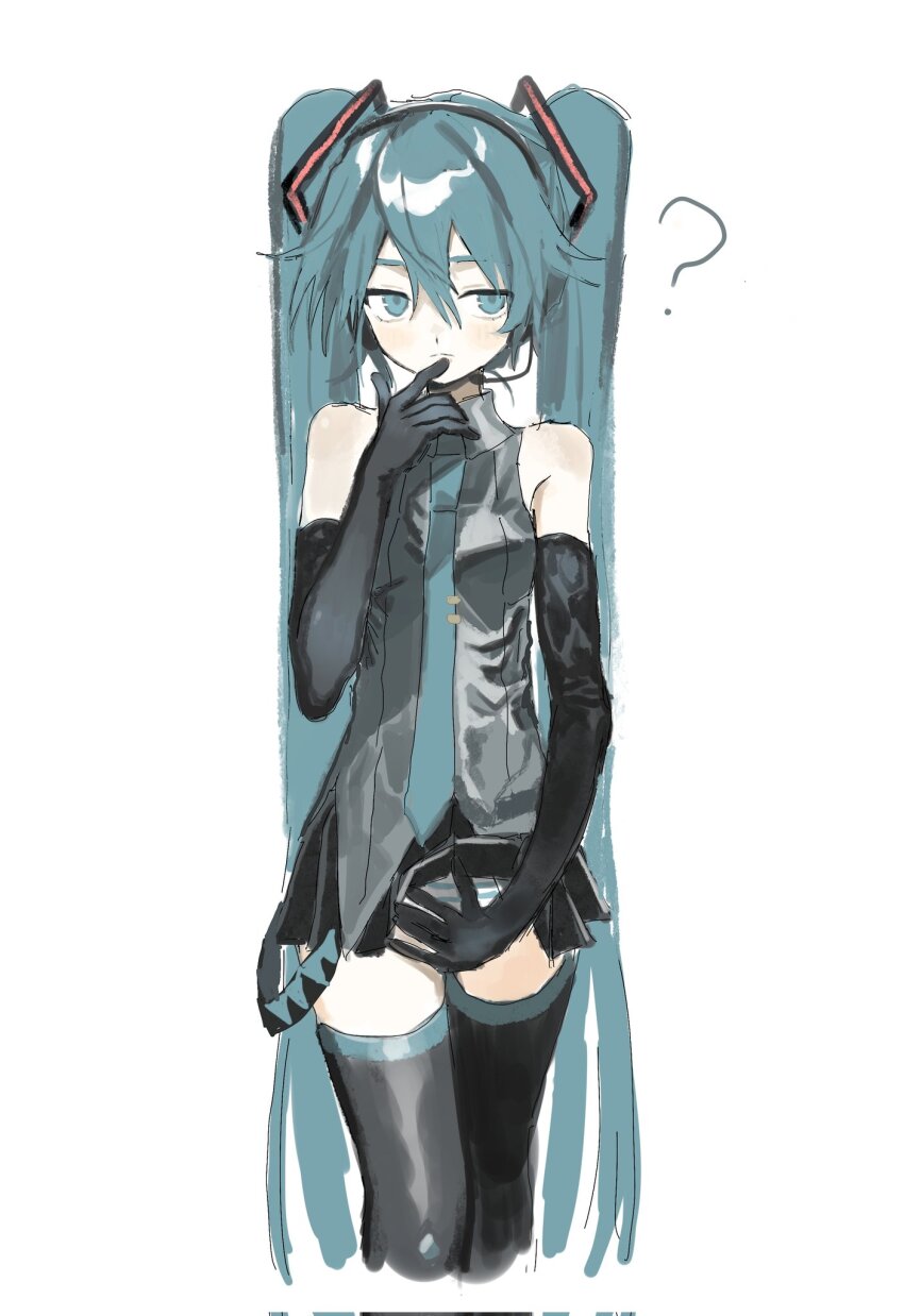 1984_(cw1000110) 1girl ? bare_shoulders black_gloves black_skirt blue_eyes blue_hair blue_necktie closed_mouth clothes_lift collared_shirt corrupted_twitter_file elbow_gloves gloves grey_shirt hair_between_eyes hand_up hatsune_miku headset highres long_hair necktie panties pleated_skirt shirt simple_background skirt skirt_lift sleeveless sleeveless_shirt solo striped_clothes striped_panties twintails underwear very_long_hair vocaloid white_background