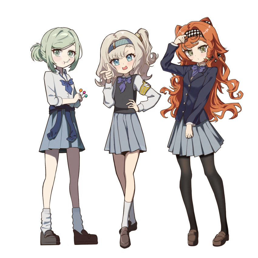 3girls :t adjusting_hair alternate_costume armband between_fingers black_footwear black_pantyhose black_vest blazer blue_bow blue_bowtie blue_eyes blue_hairband blue_jacket blue_skirt bow bowtie brown_footwear candy checkered_hairband closed_mouth clothes_around_waist collared_shirt crossed_arms dot_mouth finger_gun food food_in_mouth freckles full_body green_eyes grey_eyes grey_hair grey_skirt hair_bun hairband hand_on_own_hip hand_up highres holding holding_candy holding_food holding_lollipop jacket legs_apart loafers lollipop long_hair long_sleeves looking_at_viewer looking_to_the_side loose_socks matilda_bouanich medium_hair miniskirt multiple_girls one_side_up open_mouth orange_hair pantyhose pleated_skirt pointing pointing_at_viewer purple_bow purple_bowtie reverse:1999 school_uniform shirt shoes short_hair single_side_bun skirt socks sonetto_(reverse:1999) standing thiepriest two_side_up v-shaped_eyebrows vertin_(reverse:1999) vest wavy_hair white_background white_shirt white_socks yellow_armband