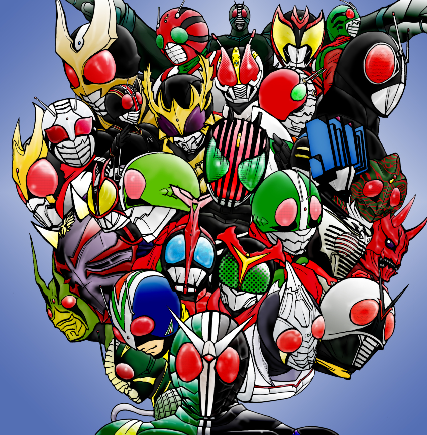 6+boys absurdres antennae everyone highres kamen_rider kamen_rider_(1st_series) kamen_rider_1 kamen_rider_2 kamen_rider_555 kamen_rider_agito kamen_rider_agito_(series) kamen_rider_amazon kamen_rider_amazon_(series) kamen_rider_black kamen_rider_black_(series) kamen_rider_black_rx kamen_rider_black_rx_(series) kamen_rider_blade kamen_rider_blade_(series) kamen_rider_dcd kamen_rider_decade kamen_rider_den-o kamen_rider_den-o_(series) kamen_rider_diend kamen_rider_double kamen_rider_faiz kamen_rider_hibiki kamen_rider_hibiki_(series) kamen_rider_j kamen_rider_kabuto kamen_rider_kabuto_(series) kamen_rider_kiva kamen_rider_kiva_(series) kamen_rider_kuuga kamen_rider_kuuga_(series) kamen_rider_ryuki kamen_rider_ryuki_(series) kamen_rider_shin kamen_rider_stronger kamen_rider_stronger_(series) kamen_rider_super-1 kamen_rider_super-1_(series) kamen_rider_v3 kamen_rider_v3_(series) kamen_rider_w kamen_rider_x kamen_rider_x_(series) kamen_rider_zo kamen_rider_zx male_focus momotaros momotarosu multiple_boys new_kamen_rider riderman shin_kamen_rider_prologue skyrider sword-dream