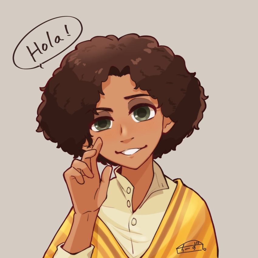 1boy afro brown_eyes brown_hair camilo_madrigal cheesecaked23 colombian_clothes curly_hair dark-skinned_male dark_skin encanto highres male_focus poncho shirt short_hair simple_background smile white_background white_shirt yellow_poncho