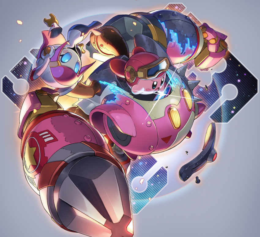 1girl blue_eyes blush_stickers disembodied_hand drill gloves goggles grey_background helmet kirby kirby:_planet_robobot kirby_(series) mechanical_arms nintendo open_mouth pink_hair rayman_limbs robobot_armor robot simple_background solid_oval_eyes sparkle susie_(kirby) tonami_kanji yellow_gloves