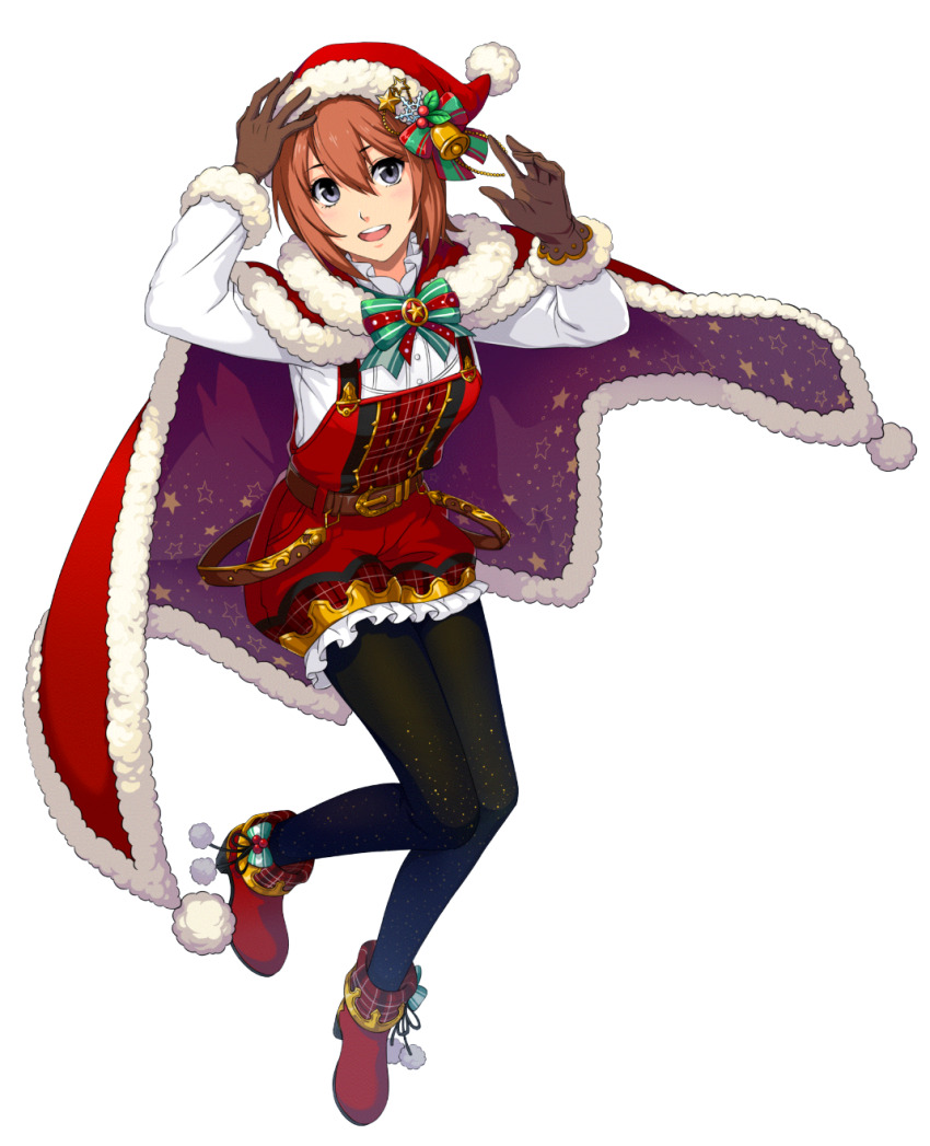 1girl akatsuki_no_kiseki black_pantyhose brown_gloves brown_hair cape dress_shirt eiyuu_densetsu full_body fur-trimmed_cape fur-trimmed_gloves fur-trimmed_headwear fur_trim gloves hat hat_bell highres looking_at_viewer noel_seeker official_art overalls pantyhose pantyhose_under_shorts red_cape red_footwear red_hat red_overalls santa_hat shirt short_hair shorts solo transparent_background white_shirt zero_no_kiseki