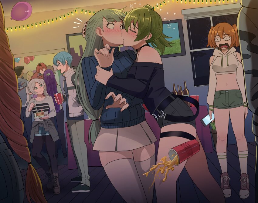 3boys 6+girls alternate_costume bare_legs bare_shoulders black_boots black_choker black_pantyhose black_shirt blue_eyes blue_hair blue_shorts blue_sweater boots bottle brown_hair cake cellphone character_request choker closed_eyes clothing_cutout constricted_pupils crop_top cropped_hoodie cup drawstring drunk fern_(sousou_no_frieren) food fork frieren green_eyes green_hair green_shorts grey_hair grey_shirt grey_skirt highres himmel_(sousou_no_frieren) holding holding_fork holding_phone holding_plate hood hoodie jacket jourd4n kanne_(sousou_no_frieren) kiss lawine_(sousou_no_frieren) long_hair long_sleeves midriff miniskirt multiple_boys multiple_girls navel off-shoulder_shirt off_shoulder open_mouth pantyhose pantyhose_under_shorts phone plate purple_hair red_hair ribbed_sweater shirt shoes short_shorts shorts shoulder_cutout skirt smartphone smile sneakers socks sousou_no_frieren standing stark_(sousou_no_frieren) stomach sweater thigh_strap thighhighs turtleneck turtleneck_sweater twintails ubel_(sousou_no_frieren) very_long_hair white_jacket white_socks white_sweater white_thighhighs yuri