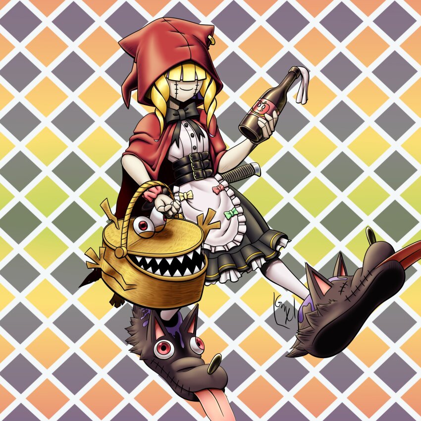 1girl absurdres apron black_bow black_bowtie black_skirt blonde_hair bottle bow bowtie chaperomon cloak digimon digimon_(creature) hair_over_eyes highres holding holding_bottle hood hooded_cloak maxirider molotov_cocktail patterned_background picnic_basket red_cloak red_hood sharp_teeth signature skirt solo teeth waist_apron white_apron