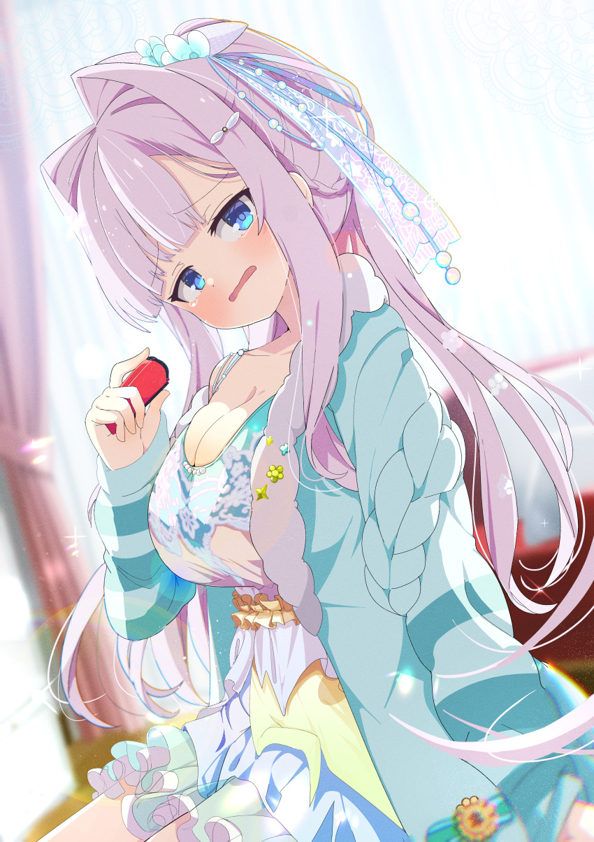 1girl absurdres blue_cardigan blue_dress blue_eyes blurry blurry_background blush breasts cardigan cleavage collarbone commission controller curtains dress dutch_angle frilled_dress frills game_controller hair_intakes hair_ornament hair_ribbon highres holding indoors jacket joy-con large_breasts long_hair long_sleeves looking_at_viewer multicolored_dress open_clothes open_mouth original pink_hair ponytail ribbon shiro9jira sidelocks sitting skeb_commission solo very_long_hair wavy_mouth window