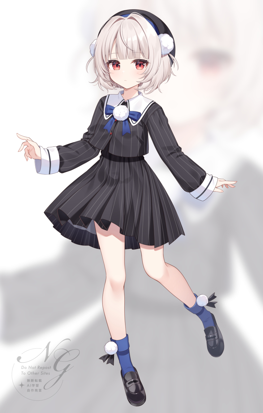 1girl absurdres black_hat black_jacket black_shoes black_skirt blue_bow blue_socks blurry blurry_background bow closed_mouth commentary_request expressionless full_body grey_hair hair_intakes hat highres jacket loafers long_sleeves looking_at_viewer miy@ paw_print_soles pinstripe_jacket pinstripe_pattern pinstripe_skirt pleated_skirt red_eyes shoes short_hair skirt socks solo ui_(voisona) voisona watermark zoom_layer
