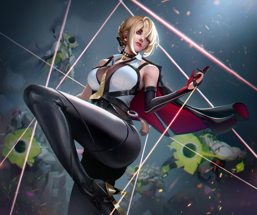 1girl black_choker black_gloves black_pants blonde_hair breasts choker closed_mouth collared_shirt commentary elbow_gloves ethereal_(zenless_zone_zero) evelyn_chevalier gloves hand_up high-waist_pants high_heels highres large_breasts leg_up looking_at_viewer necktie nervi_fd pants partially_fingerless_gloves purple_eyes realistic shirt short_hair single_elbow_glove solo tight_clothes tight_pants white_shirt yellow_necktie zenless_zone_zero