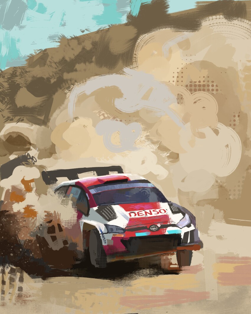 car commentary dust english_commentary highres jaxxthatsall motor_vehicle no_humans race_vehicle racecar rally_car sand shadow sky spoiler_(automobile) toyota toyota_gr_yaris toyota_yaris vehicle_focus world_rally_championship