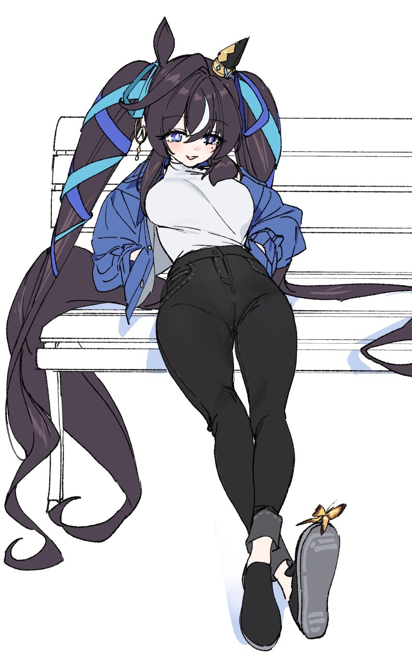 1girl absurdres bench black_pants blue_eyes blue_shirt bug butterfly character_request crossed_ankles dorontabi hand_in_pocket highres insect long_hair mole mole_under_eye pants shirt sitting solo twintails umamusume very_long_hair