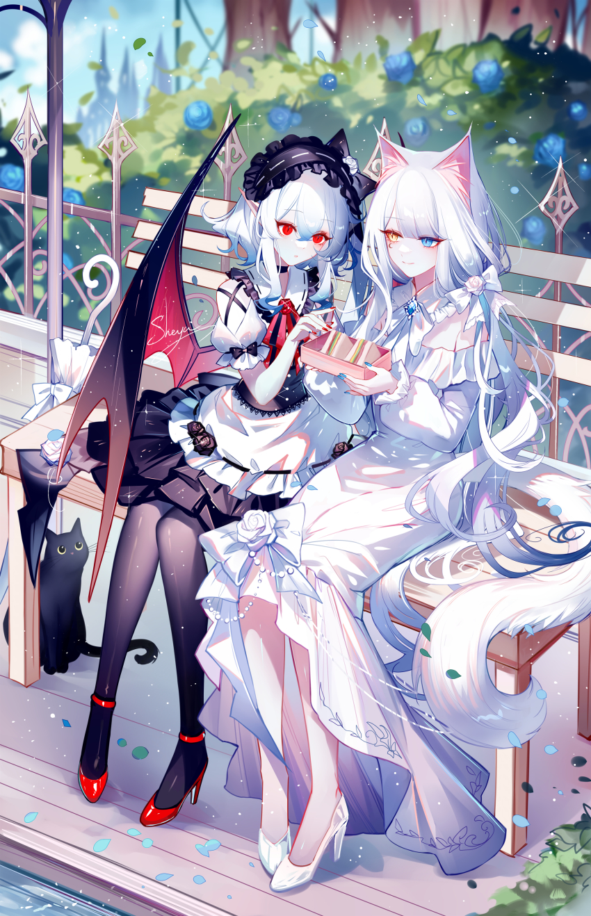 2girls absurdres animal_ears apron artist_name bare_shoulders black_cat black_hairband black_pantyhose blue_eyes blue_nails bow bowtie brooch cat cat_ears detached_collar dress food hairband heterochromia high_heels highres jewelry long_hair long_sleeves multiple_girls nail_polish off-shoulder_dress off_shoulder original pantyhose pointy_ears puffy_short_sleeves puffy_sleeves red_eyes red_shoes sandwich sheya shoes short_hair short_sleeves signature sitting very_long_hair white_apron white_bow white_bowtie white_dress white_hair white_shoes wings yellow_eyes