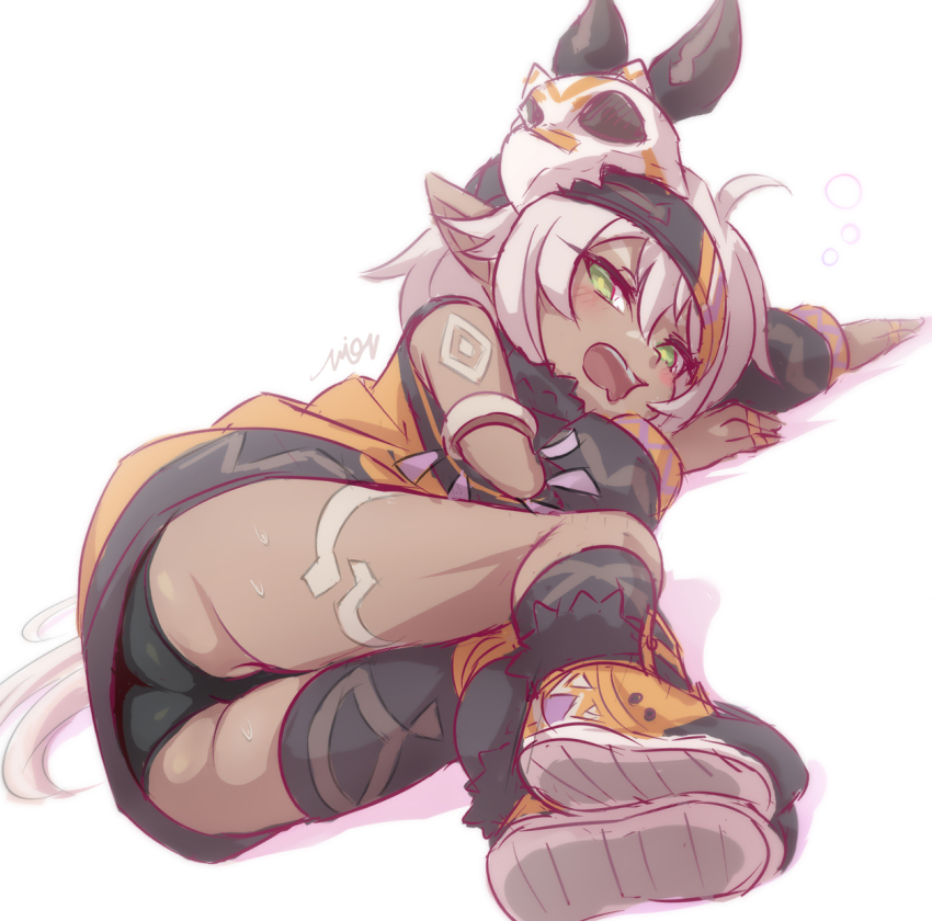 1girl ahoge ass blush dark_skin detached_sleeves dress from_below genshin_impact green_eyes headband highres iansan_(genshin_impact) long_hair looking_at_viewer lying nion on_side open_mouth partially_visible_vulva pointy_ears pussy pussy_peek short_shorts shorts shorts_under_dress single_thighhigh skull solo thighhighs tired twintails very_long_hair white_hair