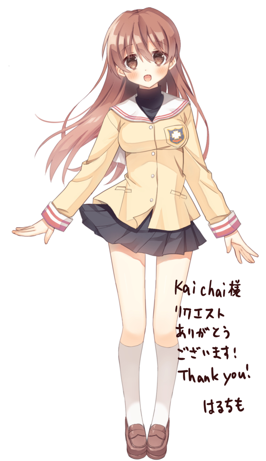 1girl :d aged_up alternate_hair_length alternate_hairstyle arms_at_sides black_skirt blush breasts brown_hair brown_shoes clannad commentary_request commission eyelashes eyes_visible_through_hair floating_hair full_body hair_between_eyes haruchimo highres hikarizaka_private_high_school_uniform jacket kneehighs legs_together loafers long_hair long_sleeves looking_at_viewer medium_breasts miniskirt okazaki_ushio open_mouth pleated_skirt sailor_collar school_uniform shoes skirt smile socks solo standing straight_hair translation_request turtleneck very_long_hair white_sailor_collar white_socks yellow_jacket