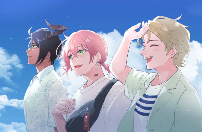 3boys :d ^_^ aragami_oga barcode barcode_tattoo black_hair blonde_hair blue_eyes closed_eyes closed_mouth cloud crossed_bangs dark-skinned_male dark_skin day earrings fanny_pack floral_print from_side green_eyes green_jacket hair_between_eyes hair_slicked_back hand_up highres holostars horns jacket jewelry kishido_temma light_particles looking_ahead low_ponytail male_focus mioto_(tsubsq_m) multiple_boys neck_tattoo official_alternate_costume open_mouth pink_hair ponytail print_shirt profile rikka_(holostars) shirt short_hair short_ponytail short_sleeves single_horn smile t-shirt tattoo teeth upper_body upper_teeth_only virtual_youtuber white_shirt wing_collar
