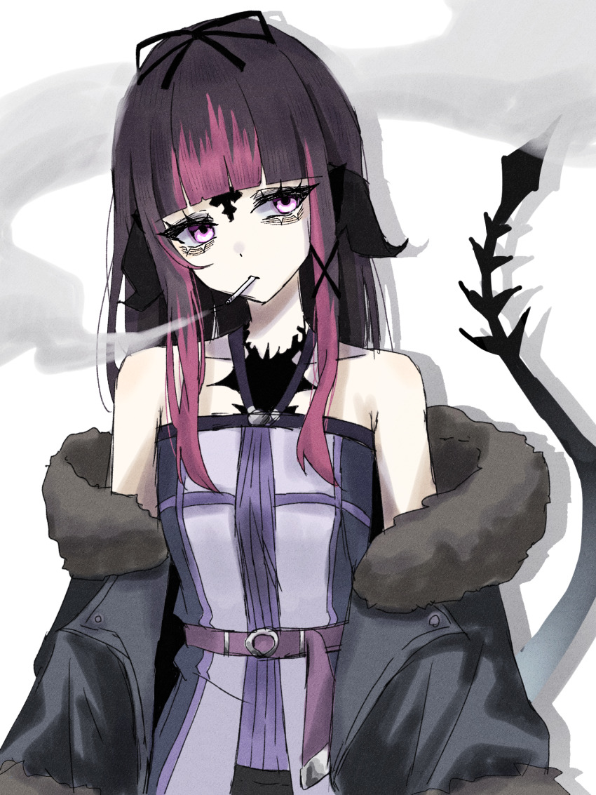 1girl au_ra bags_under_eyes bare_shoulders belt black_hair black_horns black_jacket black_scales black_tail cigarette commission commissioner_insert commissioner_upload dragon_girl dragon_horns dragon_tail final_fantasy final_fantasy_xiv fumi_min fur_trim hair_ornament hair_ribbon highres horns jacket long_hair multicolored_eyes pink_eyes pink_hair purple_belt ribbon scales shadow shizuna_kurogane skeb_commission smoke smoke_trail smoking tail warrior_of_light_(ff14) white_background x_hair_ornament