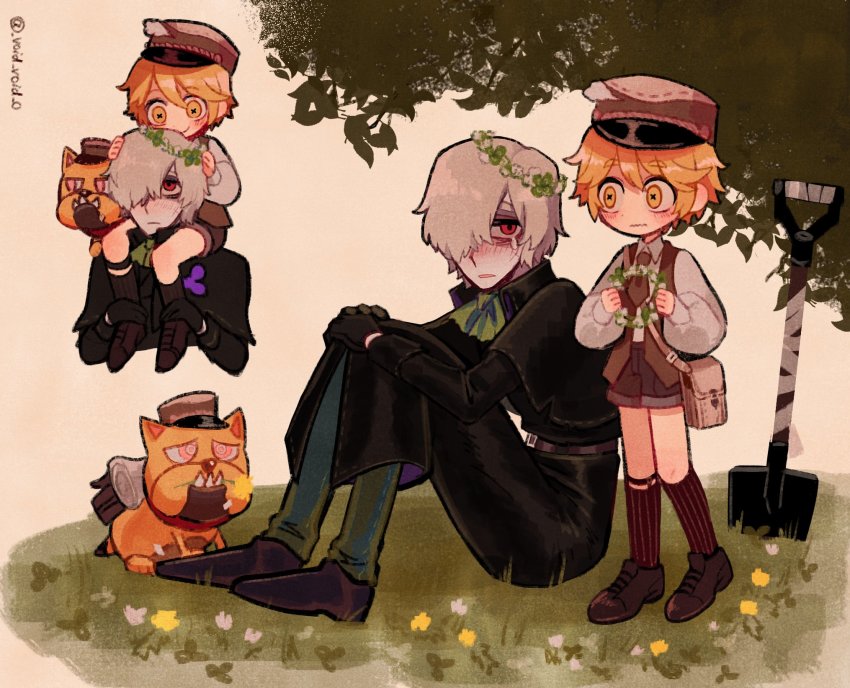 2boys aged_down alternate_costume andrew_kreiss artist_name bags_under_eyes blonde_hair capelet carrying child crying crying_with_eyes_open dog expressionless flower green_neckwear hair_over_one_eye hat head_wreath highres identity_v legwear_garter long_sleeves male_focus multiple_boys multiple_views necktie on_grass on_ground piggyback purple_flower red_eyes scar scar_on_face short_hair shorts shovel signature sitting smile socks striped_clothes striped_legwear striped_socks symbol-shaped_pupils tears tendenbarabara twitter_username vertical-striped_clothes vertical-striped_legwear vertical-striped_socks vest victor_grantz white_hair wick_(identity_v) x-shaped_pupils yellow_eyes