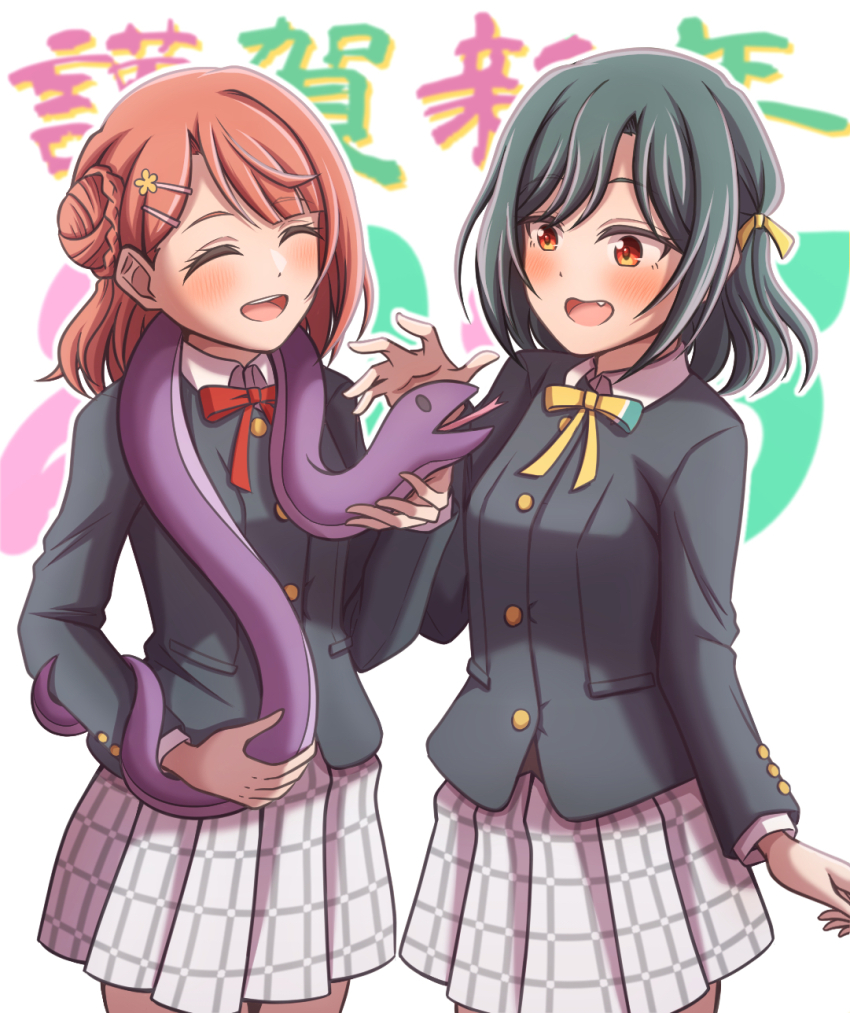 2025 2girls :d ^_^ black_hair black_jacket blunt_bangs blush bob_cut bun_with_braided_base buttons chinese_zodiac closed_eyes collared_shirt cowboy_shot dress_shirt fang ganbarai hair_bun hair_ornament hair_ribbon hairclip happy_new_year highres imminent_headpat jacket long_sleeves looking_at_animal love_live! love_live!_nijigasaki_high_school_idol_club medium_hair mifune_shioriko miniskirt multiple_girls neck_ribbon new_year nijigasaki_school_uniform open_mouth orange_eyes orange_hair plaid_clothes plaid_skirt pleated_skirt red_ribbon ribbon sasuke_(love_live!) school_uniform shirt single_side_bun skirt smile snake snake_on_shoulder swept_bangs text_background tongue tongue_out uehara_ayumu white_background white_shirt white_skirt winter_uniform year_of_the_snake yellow_ribbon