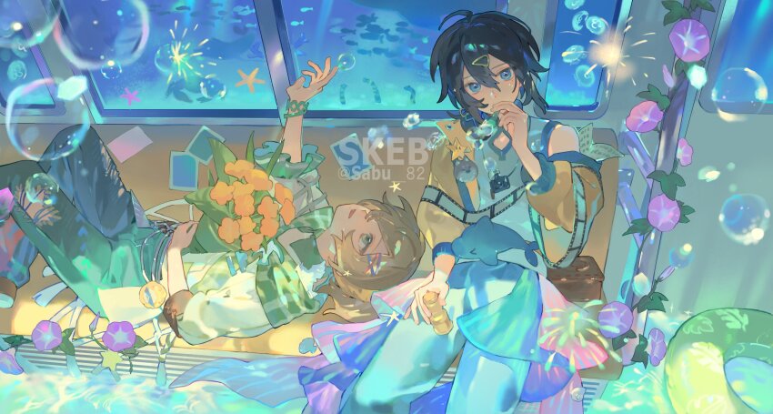 2boys absurdres black_hair blonde_hair blue_eyes bouquet bubble commission covered_mouth flower green_eyes hair_ornament hairclip hand_up highres holding holding_bouquet lying male_focus medium_hair multiple_boys on_back open_mouth original sabu_82 sitting skeb_commission smile watermark