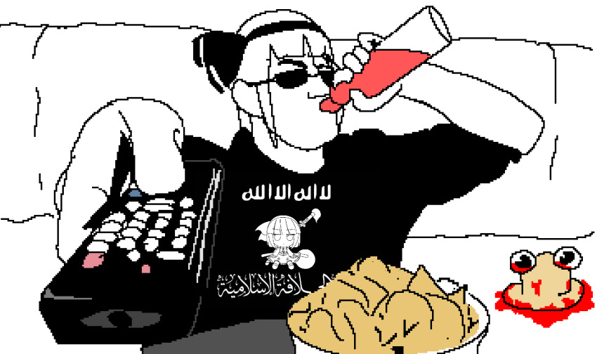 1girl black-framed_eyewear black_ribbon black_shirt blood blood_on_hat blood_splatter bloody_tears bottle controller couch drink drinking fumo_(doll) hair_ribbon hand_up highres holding holding_drink holding_remote_control hosalonof konpaku_youmu man_watching_tv_(meme) meme moriya_suwako non-web_source plate remote_control ribbon shirt short_hair simple_background sitting snack touhou white_hair