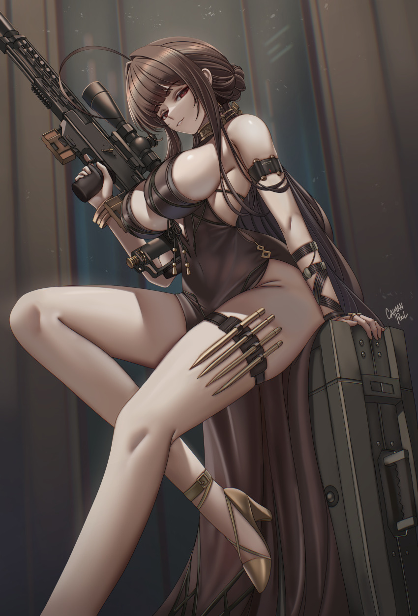 1girl absurdres ahoge anti-materiel_rifle arm_at_side armband artist_name bare_shoulders black_armband bolt_action bracelet breasts brown_hair bullpup caiman_pool center_opening cleavage cocktail_dress commentary dress dsr-50 dsr-50_(girls&#039;_frontline) dutch_angle earrings foot_out_of_frame girls&#039;_frontline girls&#039;_frontline_2:_exilium gold_bracelet gold_shoes gun hand_up high_heels highres holding holding_gun holding_weapon indoors jewelry knee_up knife_belt large_breasts leg_up legs long_hair looking_at_viewer looking_down loreley_(girls&#039;_frontline_2) metal_bracelet parted_lips revealing_clothes rifle scope shoes sideboob signature single_bare_leg sleeveless sleeveless_dress sniper_rifle thigh_strap thighs trigger_discipline weapon weapon_in_garters