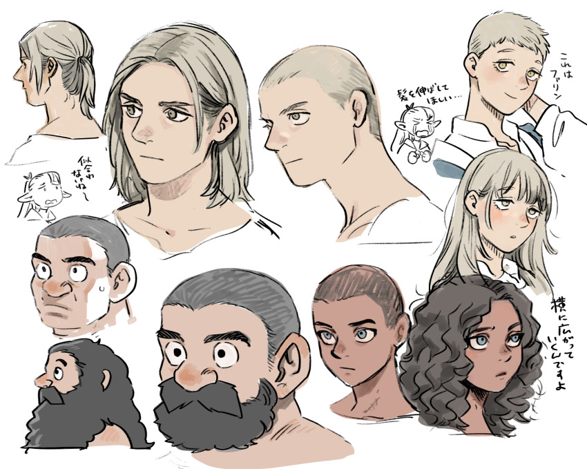 2girls 3boys alternate_hairstyle beard black_eyes black_hair blonde_hair blue_eyes buzz_cut cropped_torso dark-skinned_male dark_skin dungeon_meshi elf facial_hair falin_touden falin_touden_(tallman) kabru kui_ryouko laios_touden light_blush long_beard long_hair marcille_donato medium_hair multiple_boys multiple_girls parted_bangs pointy_ears ponytail senshi_(dungeon_meshi) shirt short_hair sketch sweatdrop t_t translated very_long_beard very_short_hair wavy_hair white_background white_shirt yellow_eyes