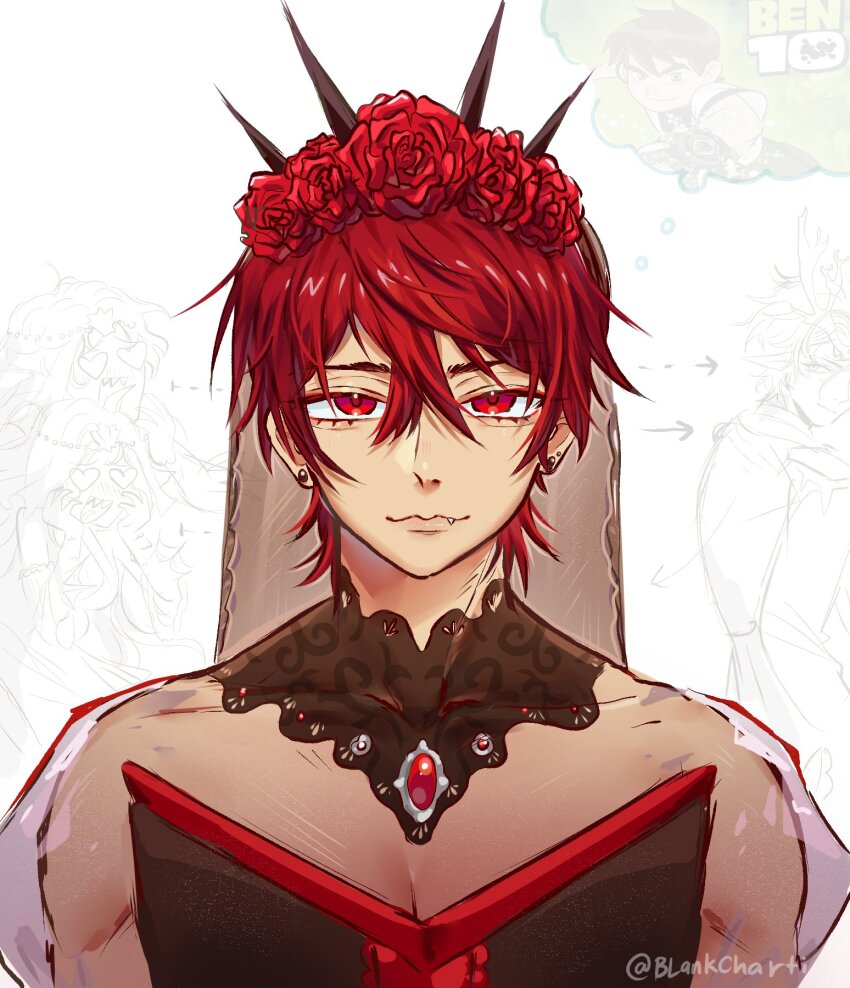 1girl 3boys :d aegyo_sal antlers arrow_(symbol) ben_10 ben_tennyson black_hairband black_veil blankcharti center_frills closed_mouth commentary earrings english_commentary fang fewer_digits flower frills hair_between_eyes hairband hands_on_own_cheeks hands_on_own_face heart heart-shaped_eyes highres horns image_in_thought_bubble jewelry lips male_focus messy_hair multiple_boys open_mouth pointy_ears portrait red_brooch red_flower red_hair red_rose red_shirt roblox rose royal_rebel royale_high see-through_clothes see-through_veil sharp_teeth shirt short_hair simple_background smile solo_focus speech_bubble spiked_hairband spikes straight-on summer_fantasy teeth thought_bubble upper_teeth_only upturned_eyes veil white_background