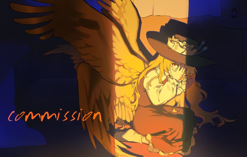 1girl absurdres angel_wings black_hat black_skirt black_vest blonde_hair collared_shirt commentary_request commission covering_face curtains dark dolls_in_pseudo_paradise eyelashes favnvs_(s910a_ib6) feathered_wings frilled_headwear frilled_skirt frilled_sleeves frills full_body hair_spread_out hat highres indoors jacket_girl_(dipp) kneeling long_hair long_skirt long_sleeves looking_at_viewer multiple_wings neck_ribbon puffy_long_sleeves puffy_sleeves red_eyes red_ribbon ribbon seraph shirt skirt skirt_set socks solo touhou very_long_hair vest watermark wavy_hair white_shirt white_socks wings yellow_wings