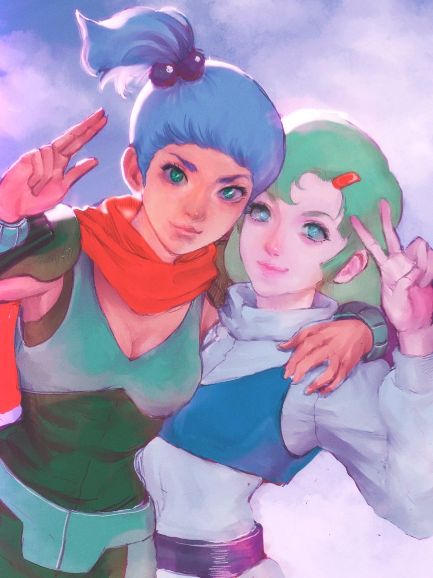 2girls belt black_belt blue_eyes blue_hair blue_sweater bodysuit breasts cleavage elchi_cargo green_bodysuit green_eyes green_hair hair_behind_ear highres looking_at_viewer medium_breasts multiple_girls nucca_dzuke rag_uralo sentou_mecha_xabungle side_ponytail smile sweater v