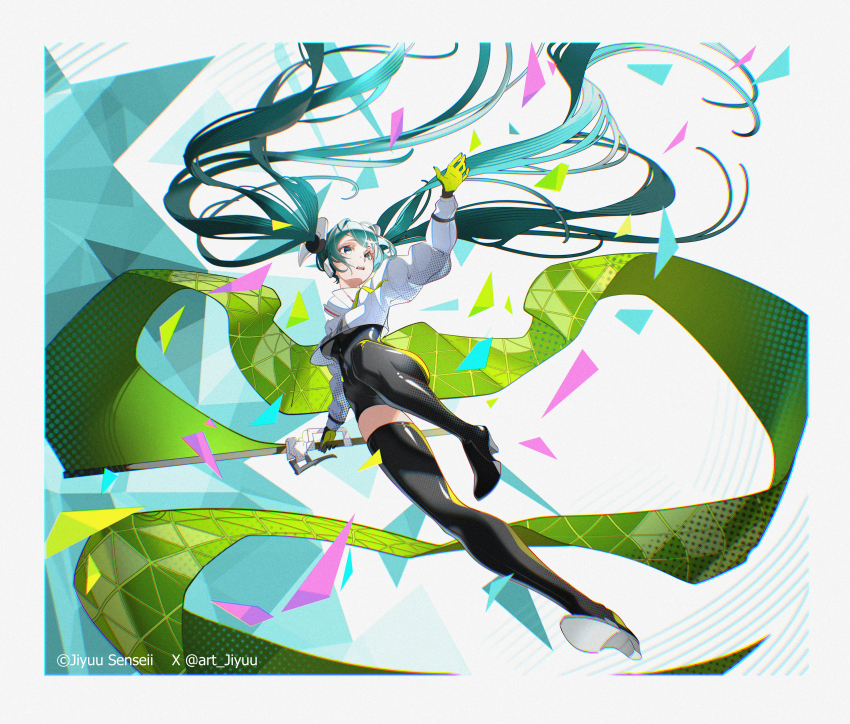 1girl absurdres aqua_hair artist_name asymmetrical_bodysuit black_bodysuit black_boots black_gloves black_thighhighs blue_hair bodysuit boots border car commentary cropped_jacket english_commentary flag flagpole floating from_below from_side full_body gloves goodsmile_racing green_gloves hatsune_miku highres holding holding_flag holding_pole jacket jhaysie long_hair long_sleeves looking_to_the_side motor_vehicle outstretched_arm pole race_queen racing_miku racing_miku_(2022) single_thigh_boot solo thigh_boots thighhighs twintails twitter_username two-tone_gloves very_long_hair vocaloid white_background white_border white_jacket