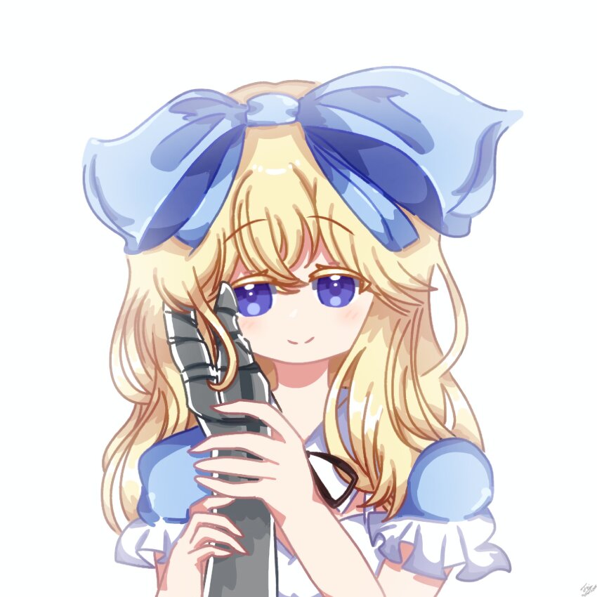 1boy 1girl alice_(black_souls) black_ribbon black_souls black_souls_2 blue_bow blue_dress blue_sleeves blush bow closed_mouth dress faydee frills hand_on_another&#039;s_cheek hand_on_another&#039;s_face highres holding_another&#039;s_arm long_hair looking_at_viewer pov pov_hands puffy_sleeves purple_eyes ribbon shirt smile white_background white_shirt