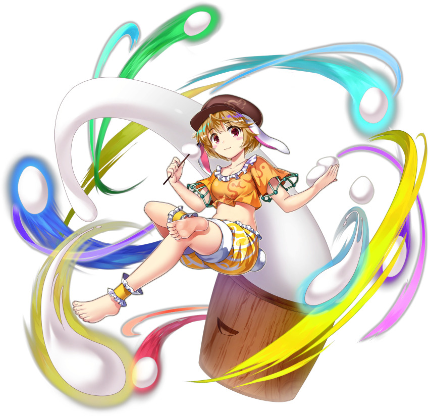 1girl animal_ears ankle_garter barefoot blonde_hair breasts brown_hat cleavage closed_mouth collarbone crop_top crossed_legs dango eating flat_cap floppy_ears food full_body game_cg hat highres holding holding_food looking_at_viewer midriff mochi mochi_trail mochitsuki mortar_(bowl) navel newsboy_cap official_art orange_shirt rabbit_ears rabbit_girl rabbit_tail red_eyes ringo_(touhou) rotte_(1109) shirt short_hair short_sleeves shorts smile soles solo striped_clothes striped_shorts tail third-party_source toes touhou touhou_lostword transparent_background vertical-striped_clothes vertical-striped_shorts wagashi yellow_shorts