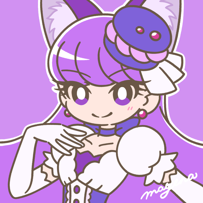 1girl animal_ears blush bow bright_pupils cat_ears cat_tail choker collarbone cure_macaron earrings elbow_gloves extra_ears eyelashes food-themed_hair_ornament gloves hair_ornament highres jewelry kirakira_precure_a_la_mode kotozume_yukari long_hair looking_at_viewer macaron_hair_ornament magical_girl mayena outline precure puffy_short_sleeves puffy_sleeves purple_background purple_choker purple_eyes purple_hair short_sleeves signature simple_background smile solo tail upper_body white_gloves white_outline white_pupils