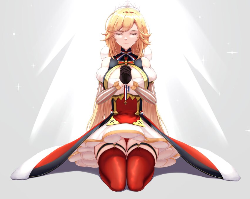 1girl absurdres azur_lane bare_shoulders blonde_hair breast_cutout breasts closed_eyes cross dress fleur-de-lis highres long_hair medium_breasts musanix panties pantyshot praying ribbon richelieu_(azur_lane) sitting thighhighs two-tone_ribbon underwear very_long_hair white_background