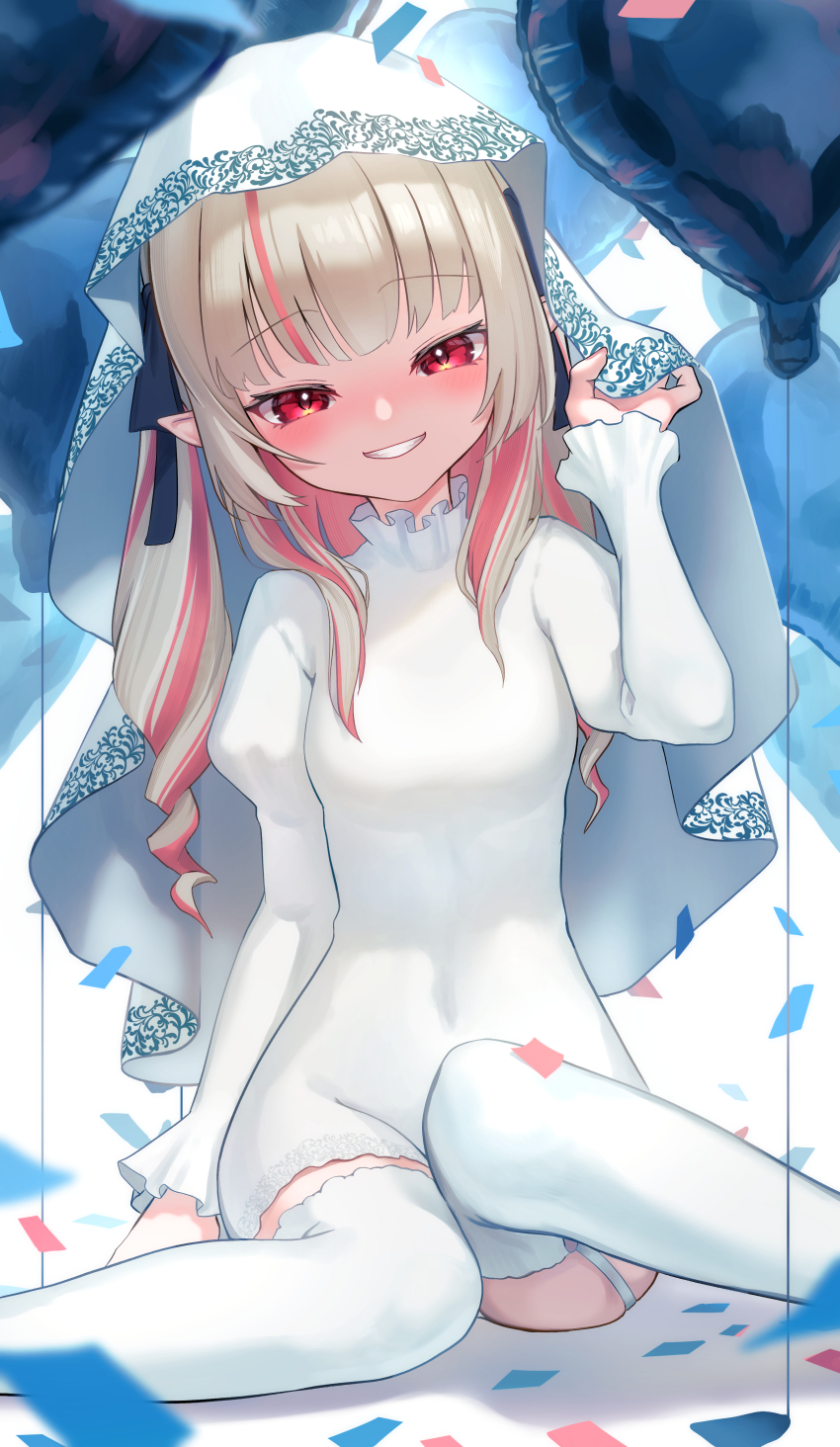 1girl absurdres ass balloon bridal_veil bride confetti grin highres looking_at_viewer makaino_ririmu nijisanji red_eyes shafurakafusha sitting smile straight-on thighs veil virtual_youtuber