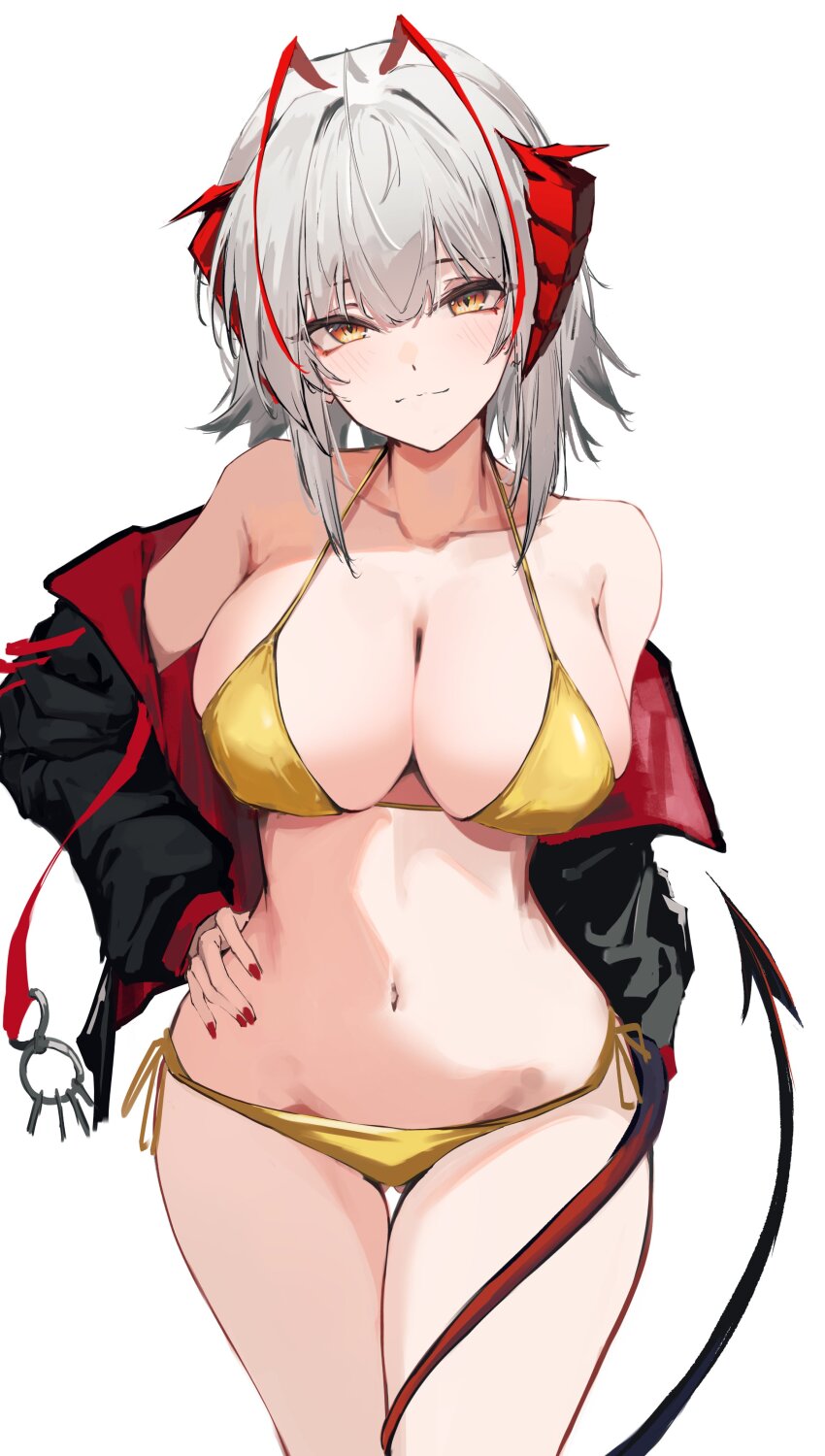 1girl absurdres antenna_hair arknights bikini black_jacket breasts demon_horns demon_tail gold_bikini highres horns jacket large_breasts looking_at_viewer missing_commentary navel nekomatamago red_horns red_nails short_hair side-tie_bikini_bottom simple_background solo stomach swimsuit tail thighs w_(arknights) white_hair yellow_eyes