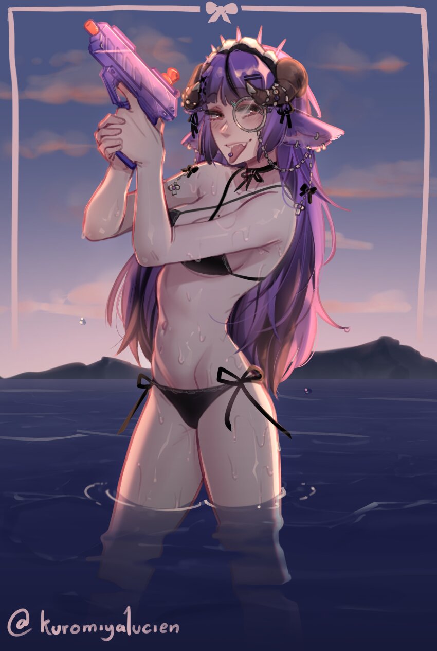 1girl absurdres bare_shoulders beach bikini black_bikini black_bow black_choker black_hair blush bow choker cloud collarbone fangs hair_bow hair_ornament hairclip highres holding holding_water_gun horns indie_virtual_youtuber kuromiya_lucien long_hair monocle multicolored_hair navel outdoors piercing pink_hair popopoka smile solo stomach swimsuit tongue_piercing wading water_gun