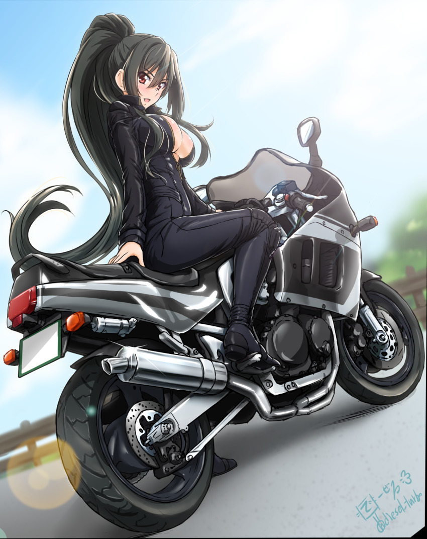 1girl biker_clothes bikesuit black_hair black_jumpsuit blue_sky blurry blurry_background bodysuit breasts cloud cloudy_sky commentary_request day depth_of_field diesel-turbo dutch_angle female_focus full_body grisaia_(series) grisaia_phantom_trigger highres inohara_maki jacket jumpsuit large_breasts leather leather_jacket long_hair long_sleeves looking_at_viewer looking_back motor_vehicle motorcycle on_motorcycle open_mouth outdoors partial_commentary partially_unzipped ponytail railing red_eyes sidelocks sky smile solo suzuki_gsx-1100 very_long_hair
