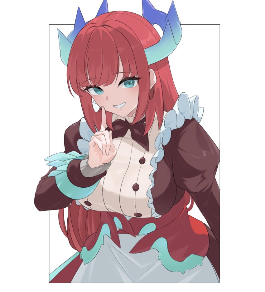 1girl apron blue_eyes blue_horns breasts chef cowboy_shot dragon_girl dragon_horns dragon_wings duel_monster frilled_apron frills heichi highres horns index_finger_raised kitchen_dragonmaid large_breasts long_hair long_sleeves looking_at_viewer maid parted_lips puffy_sleeves red_hair simple_background smile solo teeth upper_body white_apron white_background wings yu-gi-oh!