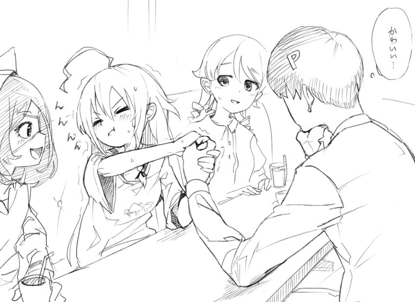 1boy 3girls ahoge arm_wrestling closed_eyes commentary_request eyepatch grey_hair hayasaka_mirei highres hoshi_syoko huge_ahoge idolmaster idolmaster_cinderella_girls individuals_(idolmaster) long_hair monochrome morikubo_nono multiple_girls producer_(idolmaster) ringlets sitting sketch struggling takesoboro