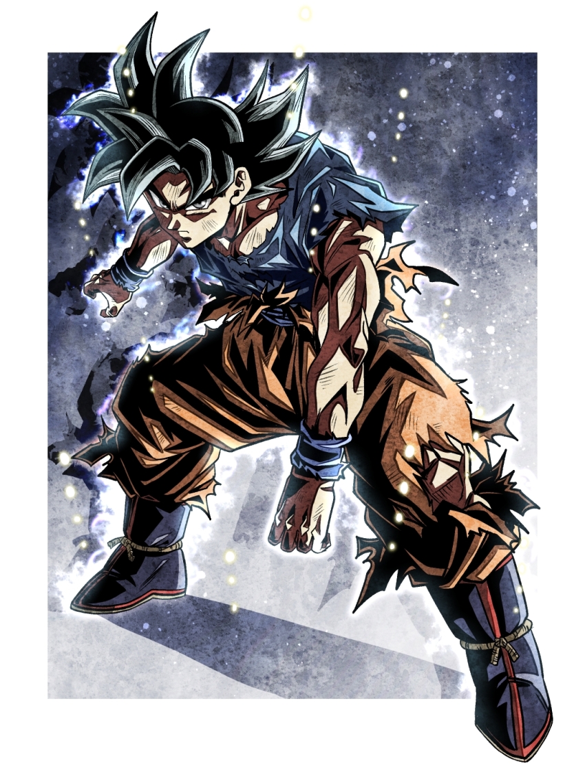 1boy aura black_hair border bruise bruise_on_arm bruise_on_face bruise_on_torso closed_mouth dougi dragon_ball dragon_ball_super frown full_body grey_eyes highres injury looking_at_viewer male_focus orange_pants outside_border pants shirt solo son_goku spiked_hair torn_clothes torn_pants torn_shirt ultra_instinct ushi_(akabec0) white_border wristband