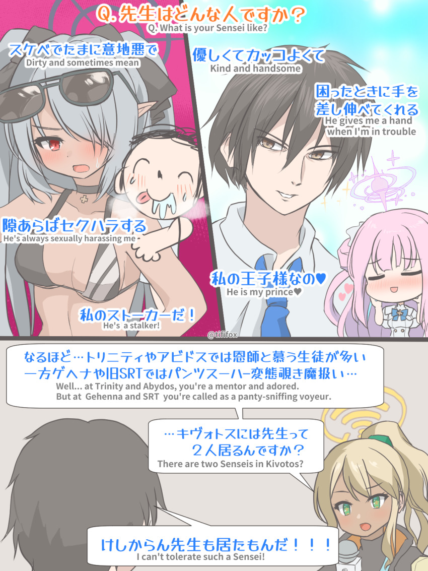 1boy 3girls 3koma doodle_sensei_(blue_archive) bikini black_bikini black_bow black_choker black_hair blonde_hair blue_archive blue_necktie blush bow chibi chibi_inset choker closed_eyes collared_shirt comic commentary_request dark-skinned_female dark_skin english_text eyewear_on_head green_eyes grey_hair hair_bow hair_over_one_eye halo highres holding holding_microphone iori_(blue_archive) iori_(swimsuit)_(blue_archive) licking microphone mika_(blue_archive) mixed-language_text multiple_girls necktie pink_hair ponytail red_eyes sensei_(blue_archive) shinon_(blue_archive) shirt sunglasses swept_bangs swimsuit tififox twintails twitter_username white_shirt