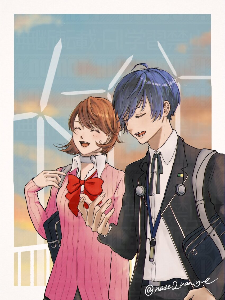 1boy 1girl bag black_jacket black_pants black_ribbon blue_hair blue_sky blush bow bowtie brown_hair cardigan choker closed_eyes cloud cloudy_sky collared_shirt commentary digital_media_player earphones_removed earrings english_commentary flipped_hair gekkoukan_high_school_uniform happy heart heart_choker highres jacket jewelry long_sleeves loose_bowtie naze2naniyue neck_ribbon open_clothes open_hand open_jacket open_mouth outdoors outside_border pants persona persona_3 pink_cardigan railing red_bow red_bowtie ribbed_cardigan ribbon school_uniform shirt short_hair shoulder_bag sky smile stud_earrings takeba_yukari three_quarter_view twitter_username upper_body white_choker white_shirt wind_turbine windmill yuuki_makoto_(persona_3)