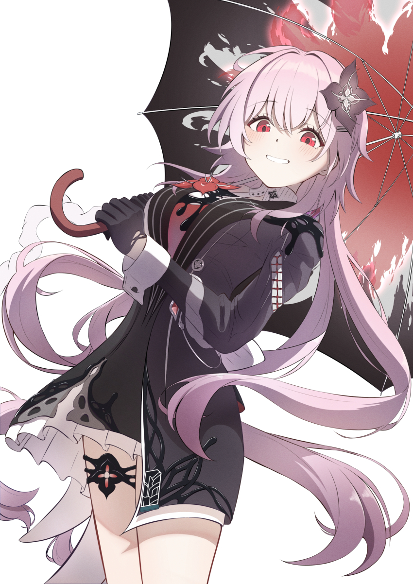1girl :d dress evernight_(honkai:_star_rail) flower gloves hair_flower hair_ornament hairclip highres holding holding_umbrella honkai:_star_rail honkai_(series) layered_dress long_hair long_sleeves looking_at_viewer march_7th_(honkai:_star_rail) mashiro_(user_65392488) mixed-language_commentary open_mouth parallel_hairclips pink_hair red_eyes sleeve_cuffs smile solo thigh_strap umbrella very_long_hair white_background